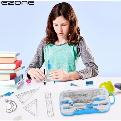 EZONE 10PCS Math Tool Kit Student Stationery Geometry Drawing Exam Measuring Tool Ruler Compass Eraser Back To School Storage