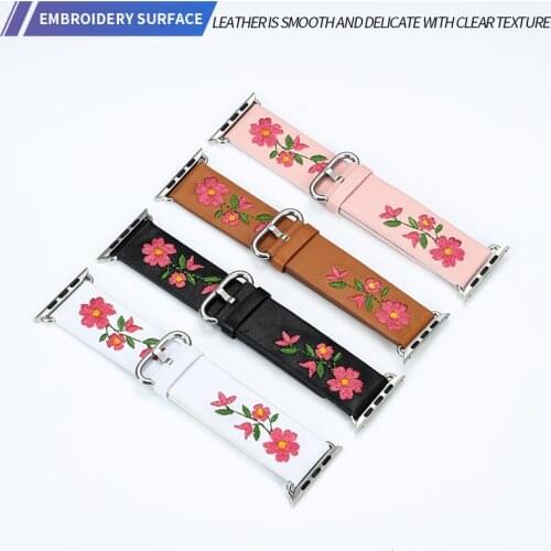 Genuine Leather Watchband For Apple Watch 38mm 42mm Red Flower Embroidery Women Men Replace Bracelet Strap Band for iwatch 1 2 3