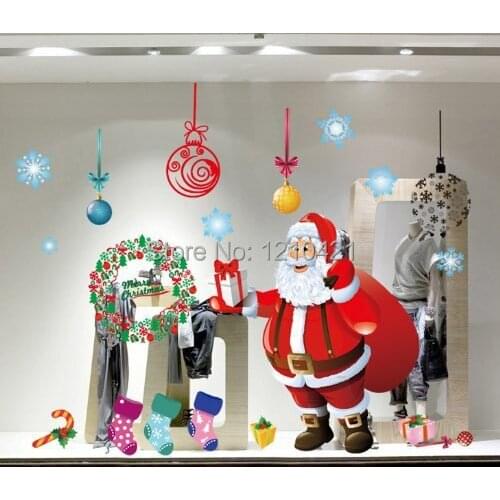60x90cm Christmas Santa Claus and Christmas Stockings Wall Decals Living Room Bedroom Shop Window Removable Wall Stickers Murals