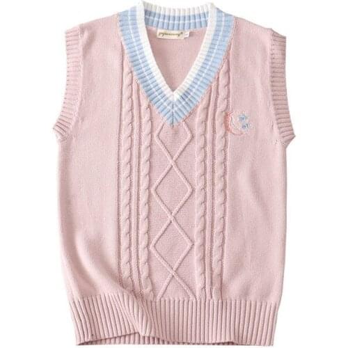School JK Uniform Fashion Sweater Vest Sleeveless Waistcoat For Girls Boy Cosplay Halloween Winter Anime Vest Pink Knitting Coat