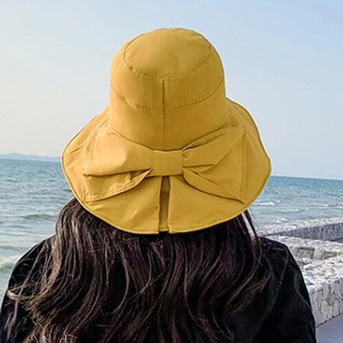 New Fashion Women Floppy Cotton Sun Hat With Bow Wide Large Brim Cap Summer Beach Foldable Neck Anti-Ultraviolet Hats