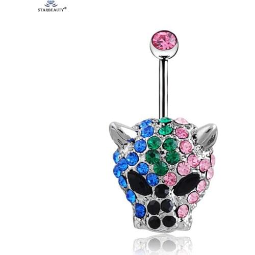 Starbeauty 1pc Rainbow Leopard Head Navel Piercing Ombligo 14G Pircing Black Crystal Belly Piercing Nombril Belly Button Rings