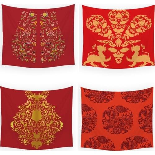 Chinese red gold pattern hippie decor bohemian decor tapestry aesthetic tapestry psychedelic witch tapestry accent wall decor