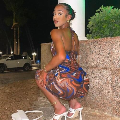 Tie Dye Print Women 2021 Summer Halter Lace Up Backless Ruched Midi Dress Bodycon Sexy Streetwear Party Club Y2K Clothes