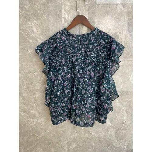 2021SS Summer Vintage New Women Flower Prints Ruffles Sleeveless Blouse Tops Ladies High Quality Shirt 2 Color Tutu