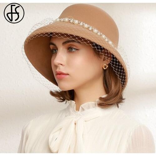 FS British Vintage Wool Felt Dome Fedora Hats For Women Winter Church Cloche Derby Hat Fedoras Bowler Cap With Veils Bead Chain