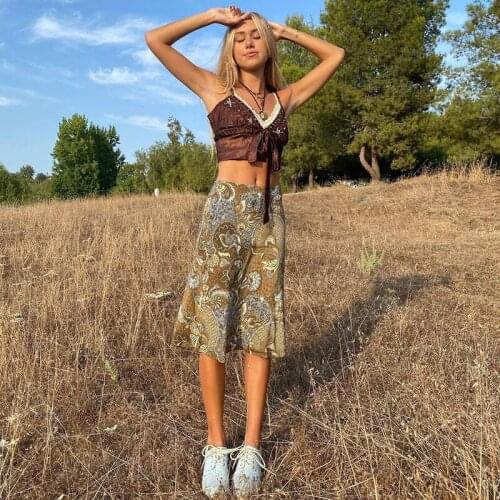 New Vintage Printed y2k Skirt Women 2021 Summer Autumn Grunge Fairycore Midi Skirt 2000s Aesthetic Harajuku Holidays Clothes