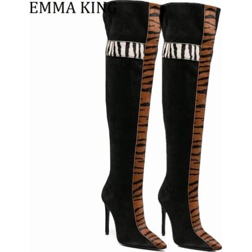 Mohair Animal Print Patchwork Women Thigh High Boots Sexy Pointed Toe Stiletto Heels Over the Knee Boots Side Zipper Women Shoes