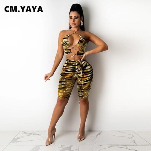 CM.YAYA Women Set Print Sleeveless Bandage Cut Out Crop Tops Strechy Shorts Two 2 Piece Set Sexy Tracksuit Summer Outfit Fashion
