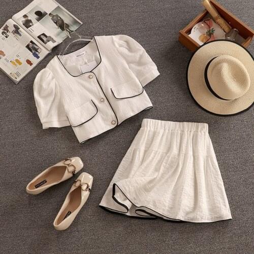 2021 Summer Korean Chic Sweet Two Piece Set Women Crop Top Shirt Blouse + Mini Skirts Suits Slim Age Reduced 2 Piece Sets