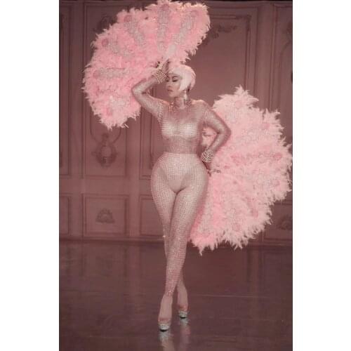 Women Pink Shining Rhinestones Sexy Jumpsuit Performance Bodysuit Rompers Stage Wear Birthday Celebrate Stretch Outfit Jumpsuit