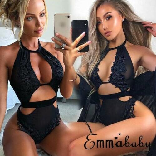 Womens Sexy Solid Color Sleeveless Hollow Out Lace Floral Printed Halter Lingerie Bodysuit G-String Thong Underwear Nightwear