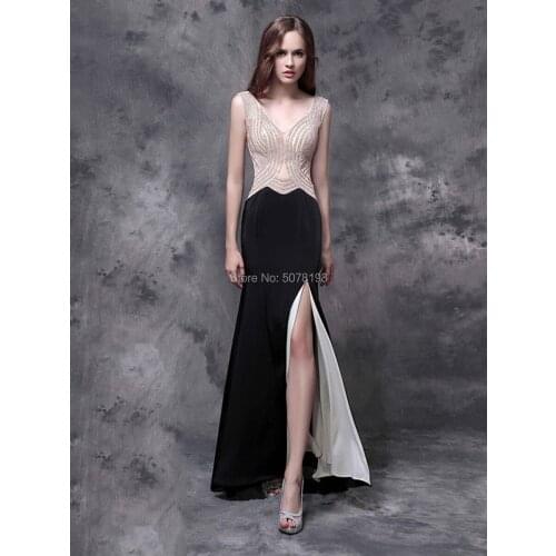 12213 black fashion V-neck natural mermaid/trumpet floor-length spandex long evening dresses/formal gowns beaded free shipping