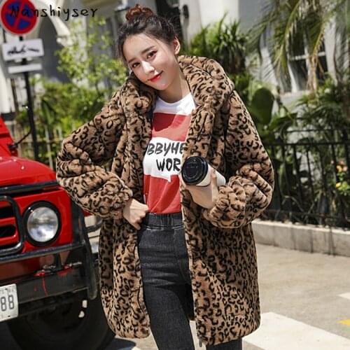 Winter Plus size Women Leopard Print Hooded Mid-length Soft Plush Faux Fur Coat Thick Warm Loose Outwear Casaco Feminino Inverno