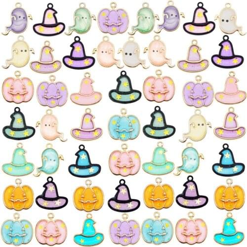 Julie Wang 10PCS Enamel Halloween Charms Random Mixed Ghost Pumpkin Hat Alloy Pendant Jewelry Making Accessory