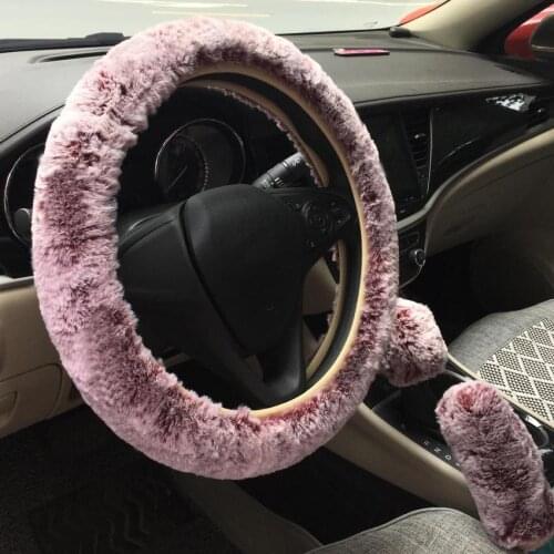 3pcs/set Universal Winter Warm soft Fluffy Faux rabbit Steering Wheel Cover+Hand Brake Cover+Gear Shift Cover Interior for 38cm