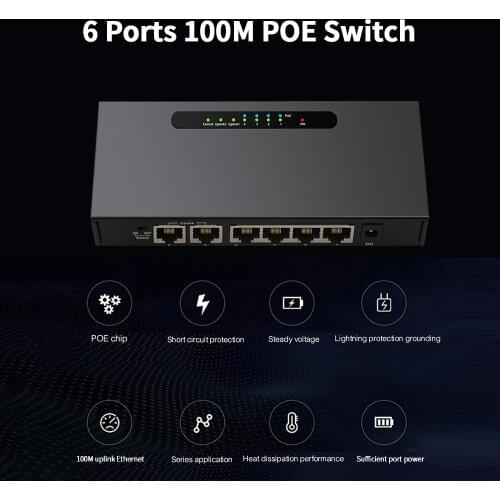6-port POE Switch 4+2 100M Enthernet Switch with 4 Ethernet Ports 2 Uplink Ethernet Ports for IP Camera Wireless AP US Plug