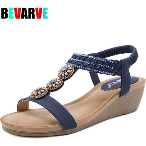 BEVARVE Summer Women Sandals Wooden Bead Water Drill Bohemia Wedges Shoes for Women Solid color Breathable Female Shoes