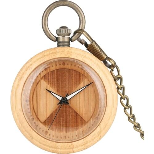 Classic Bamboo Wooden Case Pocket Watch Men Women Carved Sector Surface Dial Pocket Watches Bronze Pendant Chain Watch