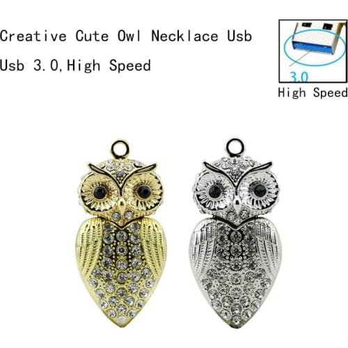 High Speed!Mini Crystal Owl USB Flash Drive Necklace(Gold) Waterproof 8GB 16GB 32GB Usb3.0 Flash Memory PenDrive 64G Stick Key