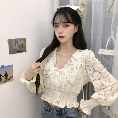 Lace blouse japanese Lace bottoming shirt women spring 2021 new waist slim waist short fashion long-sleeved tops clothes