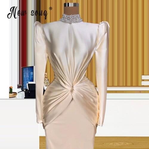 Muslim Pearls High Neck Evening Dresses Arabic Long Sleeve Celebrity Gowns Mermaid Ruched Formal Prom Party Dress
