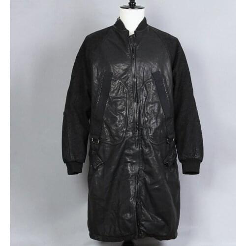 2019 Fashion Washed Sheepskin Long Genuine Leather Coat Men Sheepskin Embossed Sleeve Stand Collar Real Leather Jacket