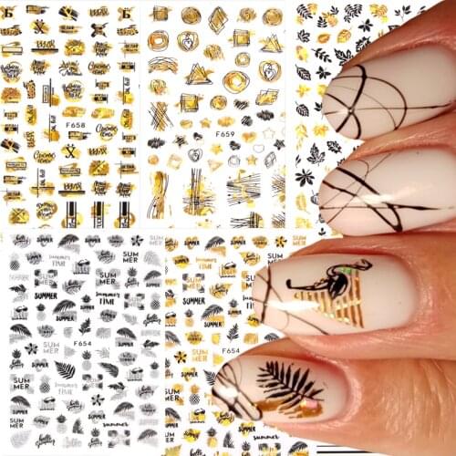 Nail Art Sticker Laser Bronzing Leaf Maple Leaf Gold Black White DIY Sticker Flower Irregular Pattern 3D Watermark Nail Decal