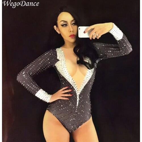 New Glisten Teacher Uniform Costume Bling rhinestones Bodysuit Women Outfit Diamonds Leotard Birthday Celebrate Occasion Wear