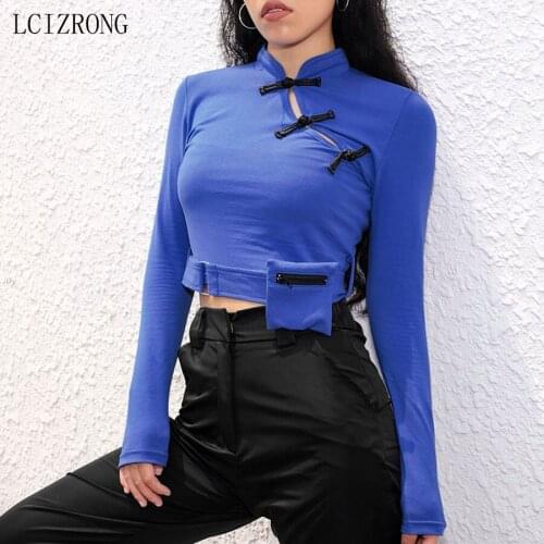 Sexy Slim Long Sleeve Crop Top Tshirt Women Chinese Style Cheongsam Collar Tight Short T Shirt Autumn Bottoming Black Tee Female