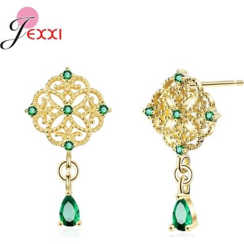 Retro Women Wedding 925 Sterling Silver Green Stone Drop Earrings Gold Color Hanging Earrings Flower Jewelry Birthday Gift