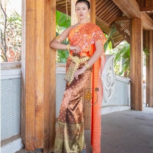 Thai Costume Wedding Dress Engagement One Shoulder Sleeveless Tops Shawl Red Purple Thailand Traditional Clothing for Women