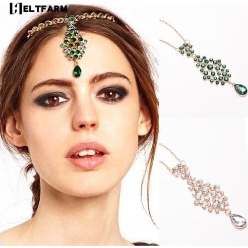 Green Imitation Rhinestone Hair Clip Indian Princess Style Ethnic Accessories Forehead Eyebrows Classic Chain Hairpin Fashion