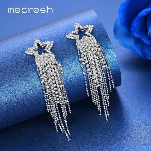Mecresh Fringe Tassel Bridal Dangle Earrings Gold Color Rhinestone Star Chain Women Wedding Engagement Earrings MEH1444