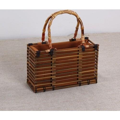 Retro Brown Bamboo Woven Bag Handbag Women Handmade Woven Summer Handbag High Quality Design Tea Set Storage Bag Drop Shipping