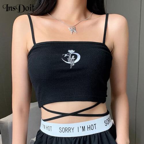 InsDoit Female Vintage Gothic Sexy Black Camis Harajuku Moon Rose Embroidery Bandage Camis Streetwear Spaghetti Straps Crop Tops