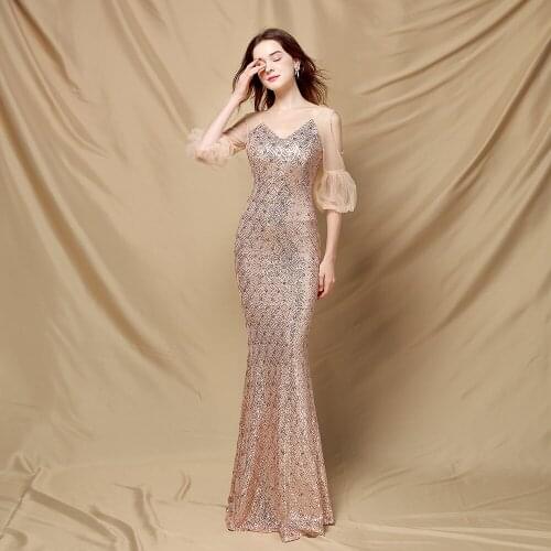 Gold Sequined&Transparent Mesh Lantern Sleeve V Neck Long Mermaid Sexy Party Dresses Women Evening Elegant Night Club Dress 2021