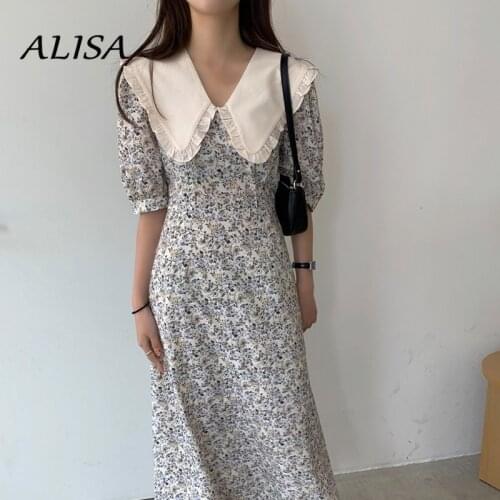 French Vintage Dress Women Cute Ruffles Turn Down Collar Floral Dresses Korean Woman Slim A Line Chiffon Midi Robe Vestido Mujer