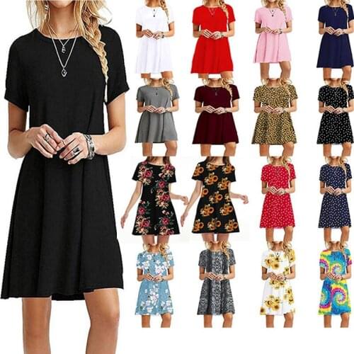 2021 Casual Beach Dresses Womens O-Neck Party Summer Dress Short Sleeve Loose Mini Casual Autumn Dresses Plus Size