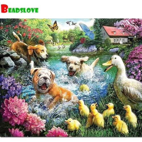 5D DIY Diamond Painting Naughty dog play in the water Full Square round Drill Diamond Embroidery Seaside Cross Stitch Sunset