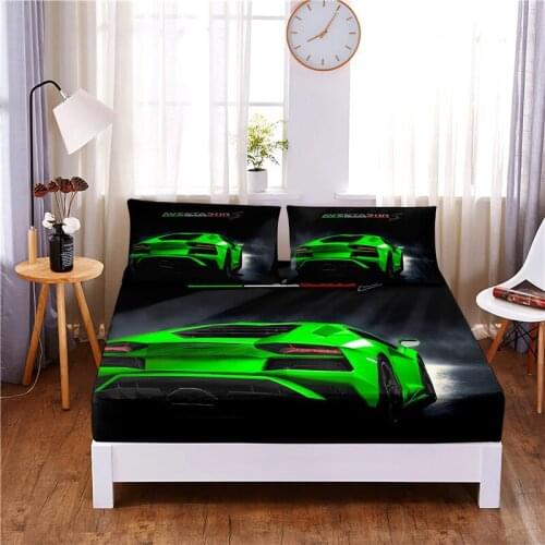 Automobile Digital Printed 3pc Polyester Fitted Sheet Mattress Cover Four Corners with Elastic Band Bed Sheet Pillowcases