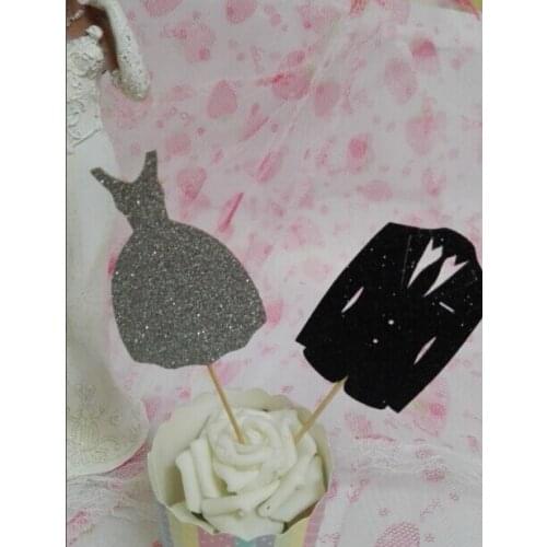 Glitter bride Dress and groom suits Cupcake Appetizer toppers bridal shower Wedding engagement Hem night party food picks