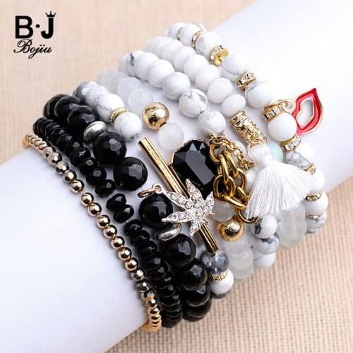 BOJIU 8 Pcs/Set Bohemian Flower Tassel Link Mouth Charm Bracelets Women Trendy Crystal Howlite Labradorite Bracelets BCSET129