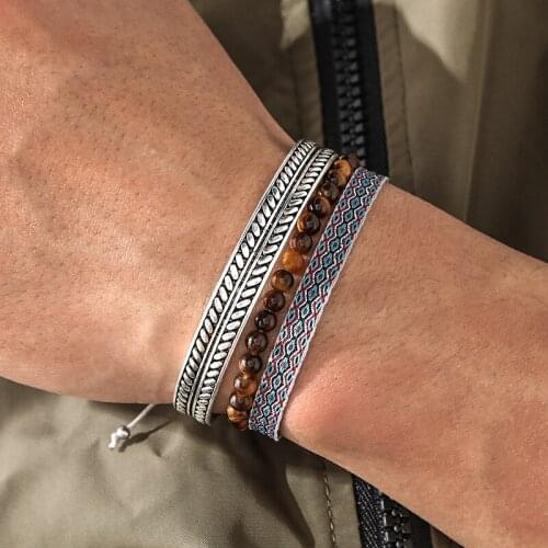 Fashion 925 Silver Plated Cuff Bracelet Set Bohemian Tiger Eye Stone Beads Tibetan Buddha Lucky Knot Rope Unisex Bracelet Gift