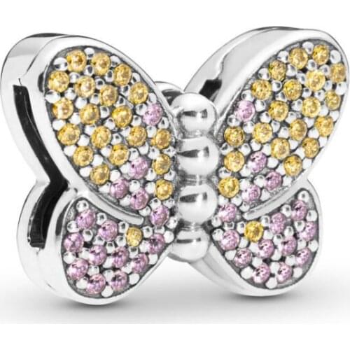 Genuine 925 Sterling Silver Bead Charm Reflexions Bedazzling Butterfly Clip Beads Fit Pan Women Bracelet Diy Jewelry