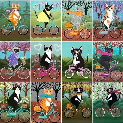EverShine Full Square Diamond Painting Cat 5D Diamond Embroidery Bicycle Picture Rhinestones Mosaic Animal Kits Wall Art