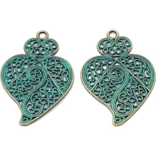 FERVENT 30pcs/lot 60x40mm Antique Green Bronze Heart-Shaped Pendants Charms Fit DIY Making Jewelry And Finding PJ200