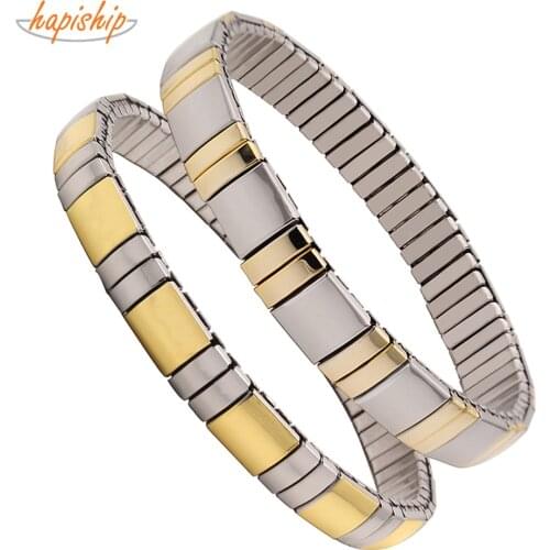Hapiship Latest Trend Among Western 7mm 9mm 18cm Women Mens Elastic Stainless Steel Cool Gold Bracelet Bangle MY07