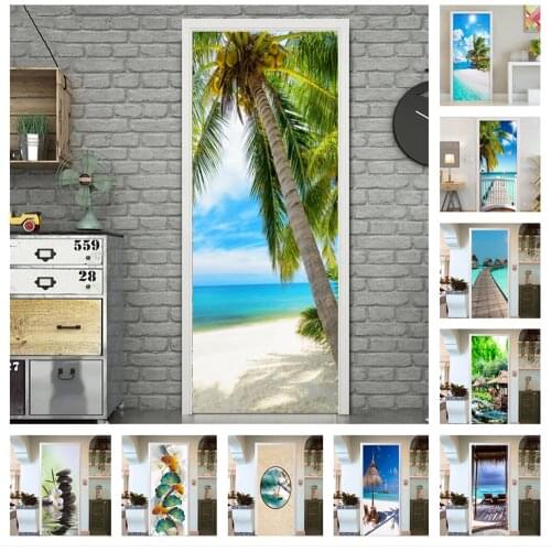 Coconut Tree Door Stickers Self-adhesive Renovation Beach Scenery Wardrobe Stickers Waterproof Bedroom Sticker Decal House Mural