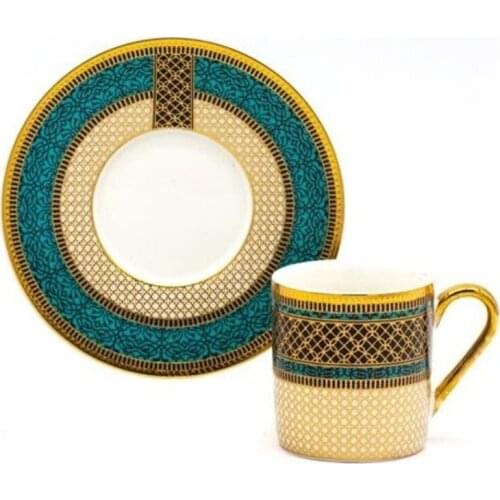 Zücev 6 Person Porcelain Ottoman Motif Coffee Cup Set with Harlem-15 Luxury Coffee Cup Saucer Set Hand and clothe Shape Dish